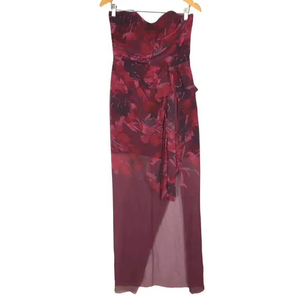Badgley Mischka Strapless Dress Floral Print Bow Sweetheart Neck Maxi Gown Red 8